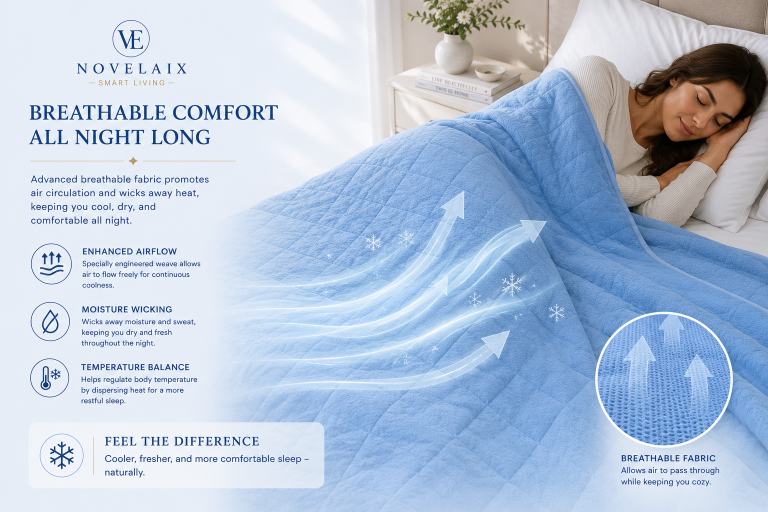 Woman sleeping under the Novelaix Premium Cooling Blanket, demonstrating breathable airflow technology, moisture-wicking fabric, temperature regulation, and cool all-night comfort.