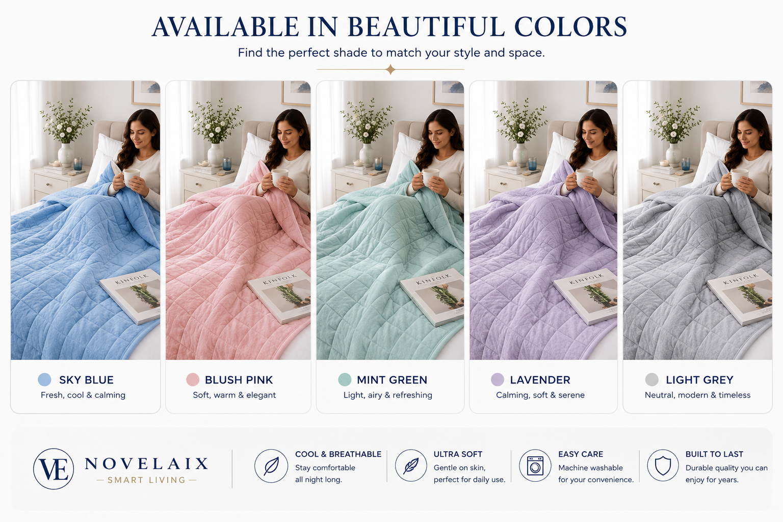 Novelaix Premium Cooling Blanket available in multiple colors including Sky Blue, Blush Pink, Mint Green, Lavender, and Light Grey, showcasing stylish options for every bedroom.