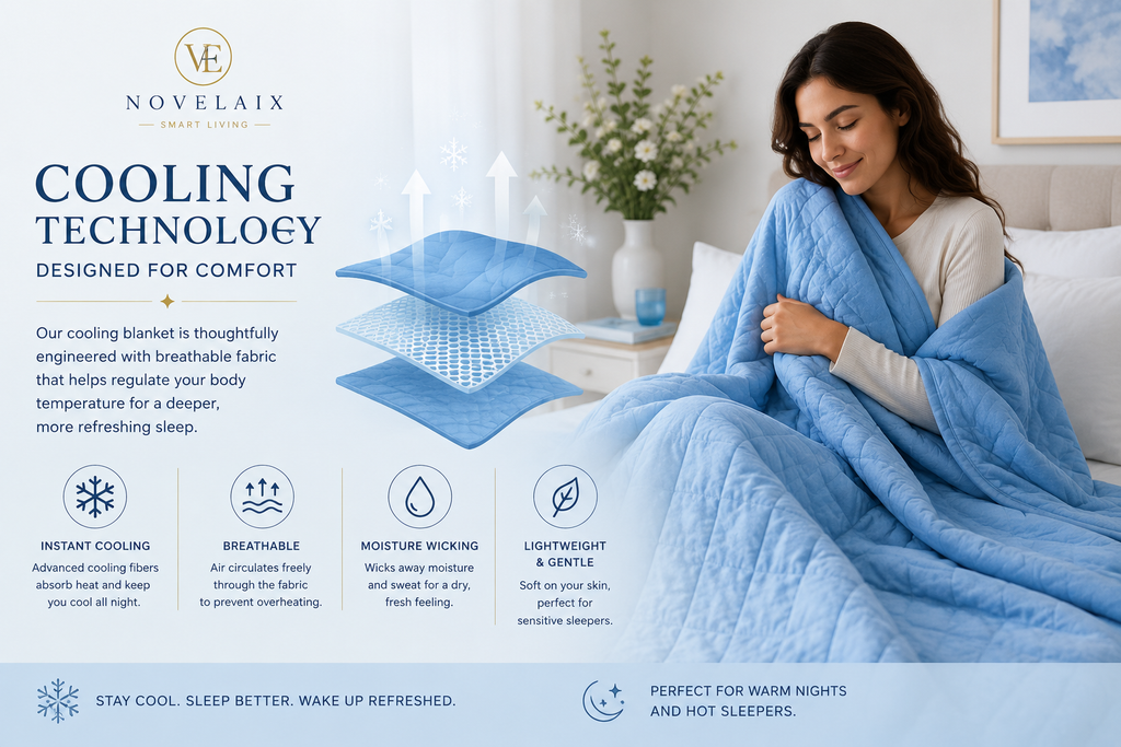 Novelaix Premium Cooling Blanket featuring breathable three-layer cooling technology, moisture-wicking fabric, and lightweight comfort for cooler, more restful sleep.