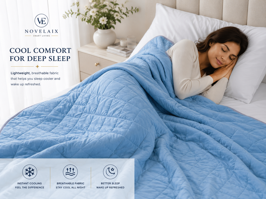 Woman sleeping comfortably under the Novelaix Premium Cooling Blanket in a bright bedroom, featuring lightweight breathable fabric for cool, restful sleep.