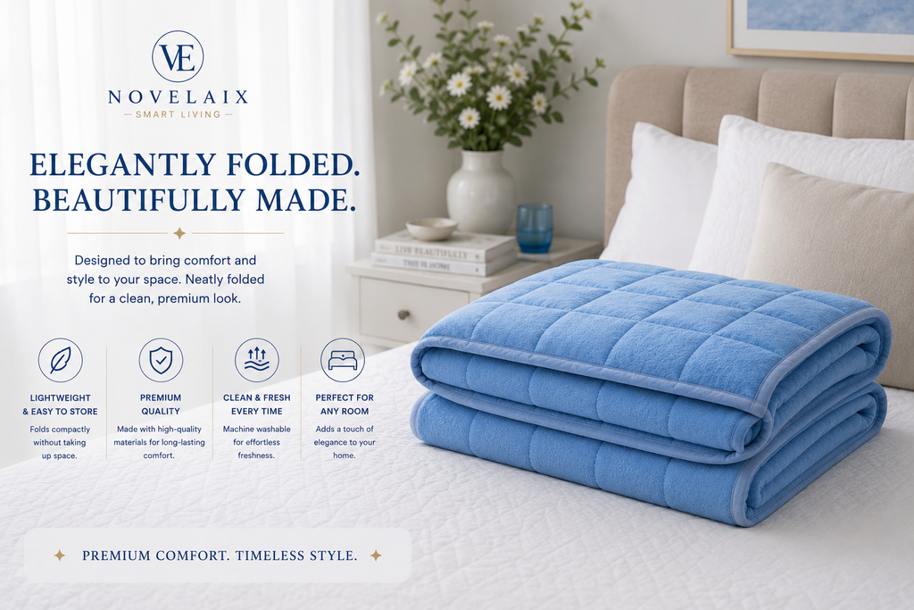 Neatly folded Novelaix Premium Cooling Blanket displayed on a bed, highlighting its lightweight design, premium craftsmanship, and elegant storage for modern bedrooms.