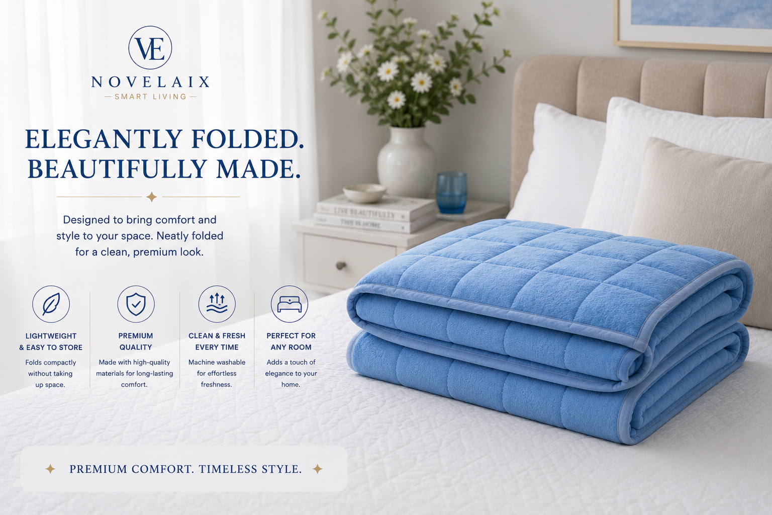 Neatly folded Novelaix Premium Cooling Blanket displayed on a bed, highlighting its lightweight design, premium craftsmanship, and elegant storage for modern bedrooms.