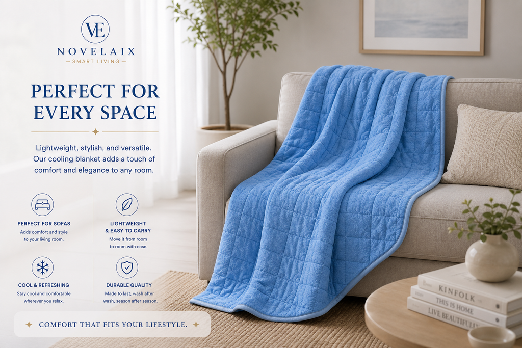 Novelaix Premium Cooling Blanket draped over a living room sofa, showcasing lightweight cooling comfort, elegant design, and versatile everyday use throughout the home.