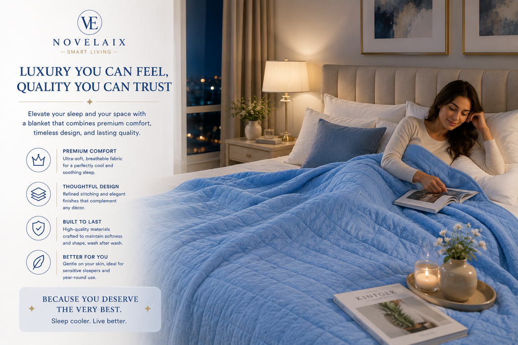 Woman relaxing under the Novelaix Premium Cooling Blanket while reading in bed, showcasing premium comfort, breathable cooling fabric, elegant design, and a cozy nighttime atmosphere.
