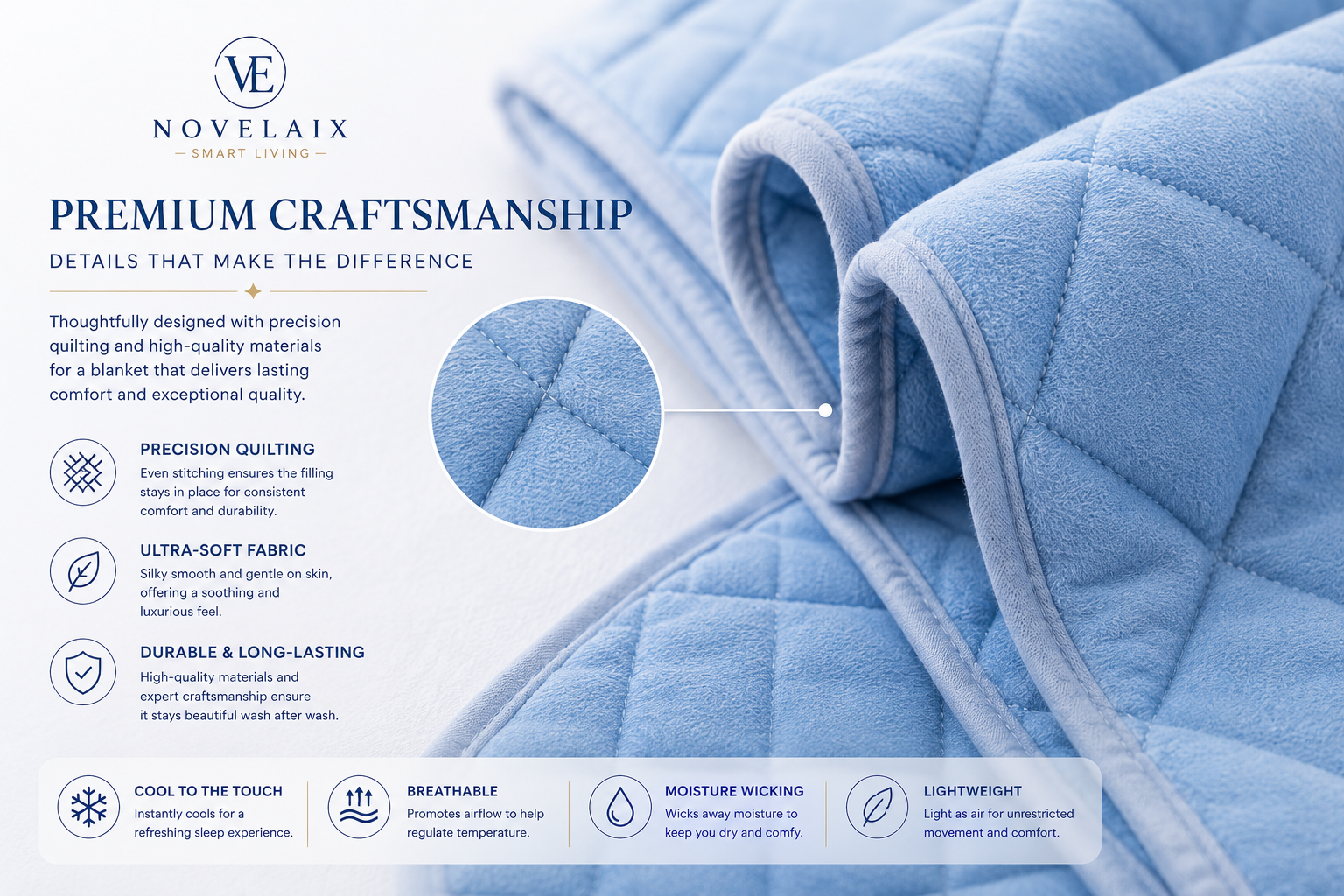 Novelaix Premium Cooling Blanket showcasing premium craftsmanship, precision quilting, ultra-soft fabric, and durable stitching for lasting comfort and everyday luxury.