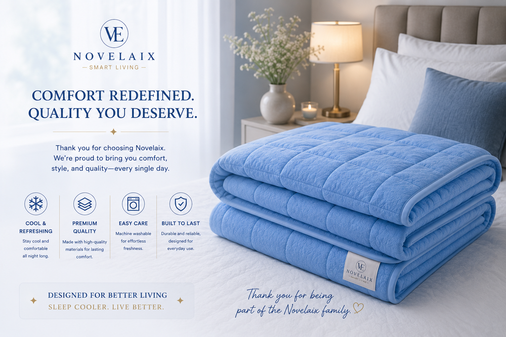 Folded Novelaix Premium Cooling Blanket displayed on a bed, showcasing premium craftsmanship, cooling comfort, easy care, and durable quality in an elegant bedroom setting.