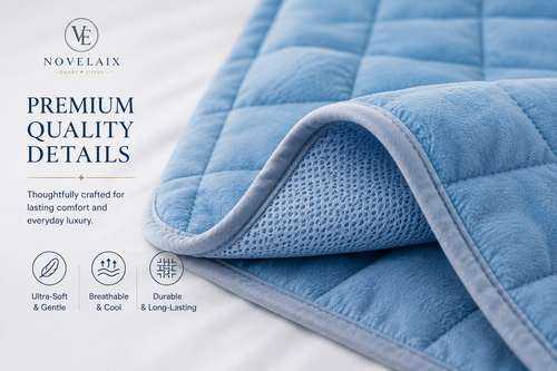 Close-up of the Novelaix Premium Cooling Blanket showing its breathable three-layer construction, ultra-soft fabric, cooling mesh lining, and premium quality details.