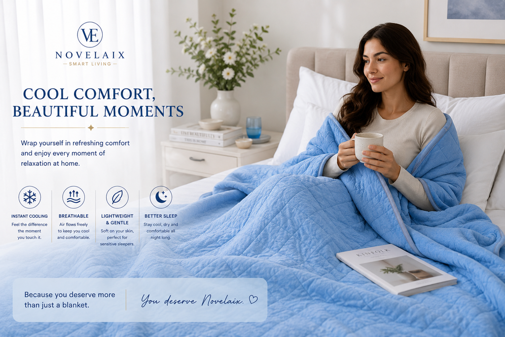Woman relaxing with the Novelaix Premium Cooling Blanket while enjoying a warm drink, showcasing lightweight cooling comfort for restful evenings and everyday relaxation.