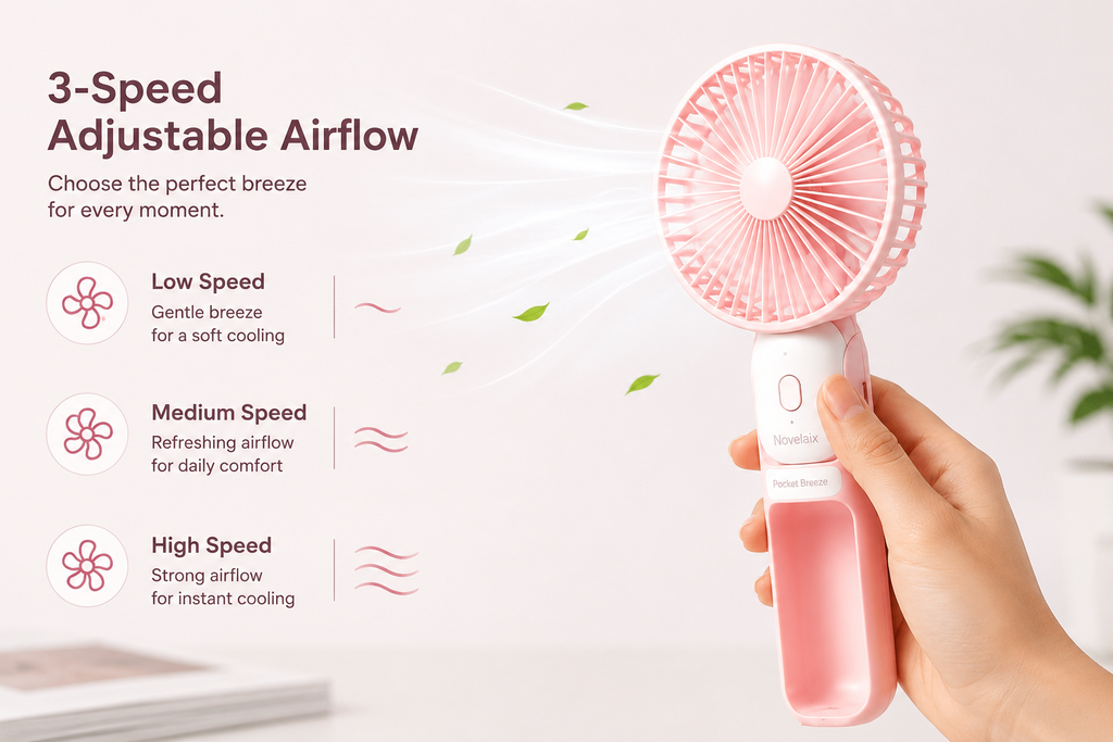 Novelaix Pocket Breeze portable handheld fan showing three adjustable airflow speeds: low, medium, and high. USB rechargeable mini fan for personalized cooling at home, travel, work, and outdoor use.