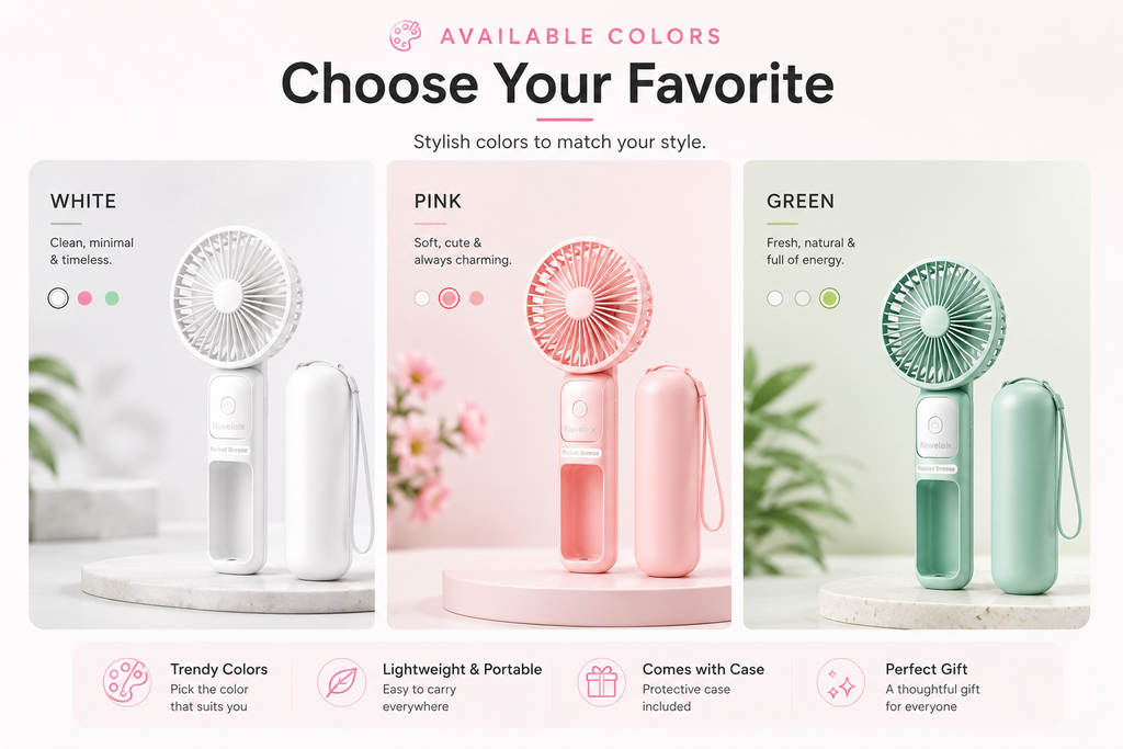 Novelaix Pocket Breeze portable handheld fan available in White, Pink, and Green, each with a matching protective carrying case. Lightweight USB rechargeable mini fan designed to combine style, portability, and everyday cooling.
