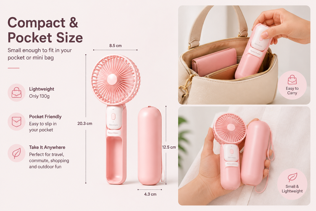 Novelaix Pocket Breeze compact and lightweight portable handheld fan with protective carrying case. Pocket-size USB rechargeable mini fan that fits easily in a handbag or backpack, making it ideal for travel, commuting, shopping, and everyday use.