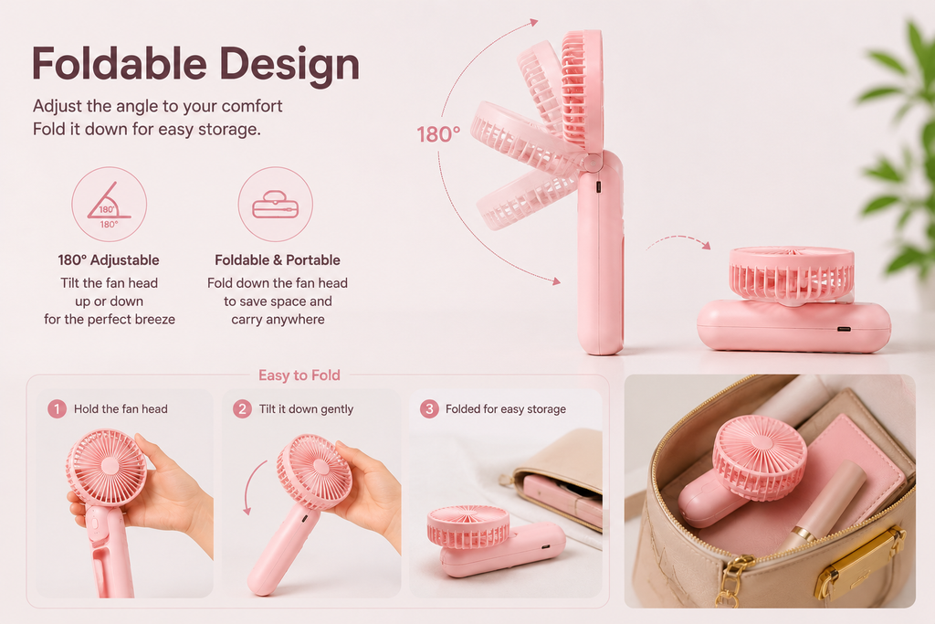 Novelaix Pocket Breeze foldable portable handheld fan with a 180-degree adjustable head. Compact USB rechargeable fan that folds flat for easy storage in a handbag or backpack, making it ideal for travel, commuting, and everyday use.