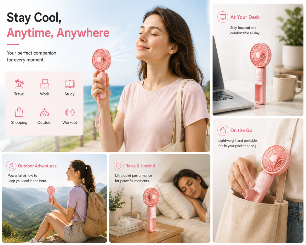 Novelaix Pocket Breeze portable handheld fan shown in everyday lifestyle settings including travel, work, outdoor activities, relaxation, and commuting. Lightweight USB rechargeable fan designed to provide comfortable cooling wherever life takes you.