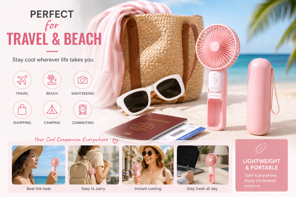 Novelaix Pocket Breeze portable handheld fan with matching protective case, perfect for travel, beach days, shopping, sightseeing, camping, commuting, and outdoor adventures. Lightweight USB rechargeable fan designed to keep you cool wherever you go.