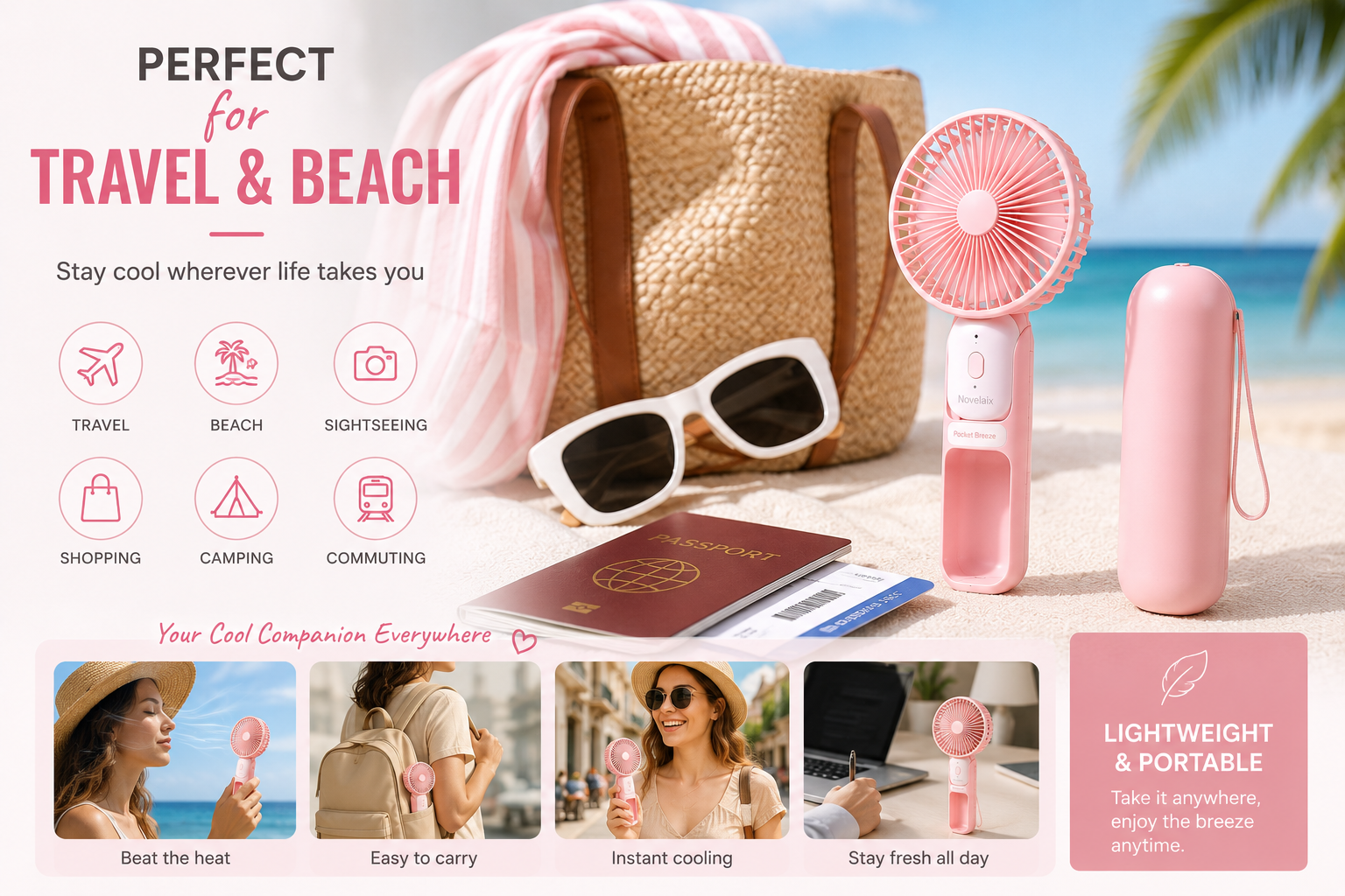 Novelaix Pocket Breeze portable handheld fan with matching protective case, perfect for travel, beach days, shopping, sightseeing, camping, commuting, and outdoor adventures. Lightweight USB rechargeable fan designed to keep you cool wherever you go.