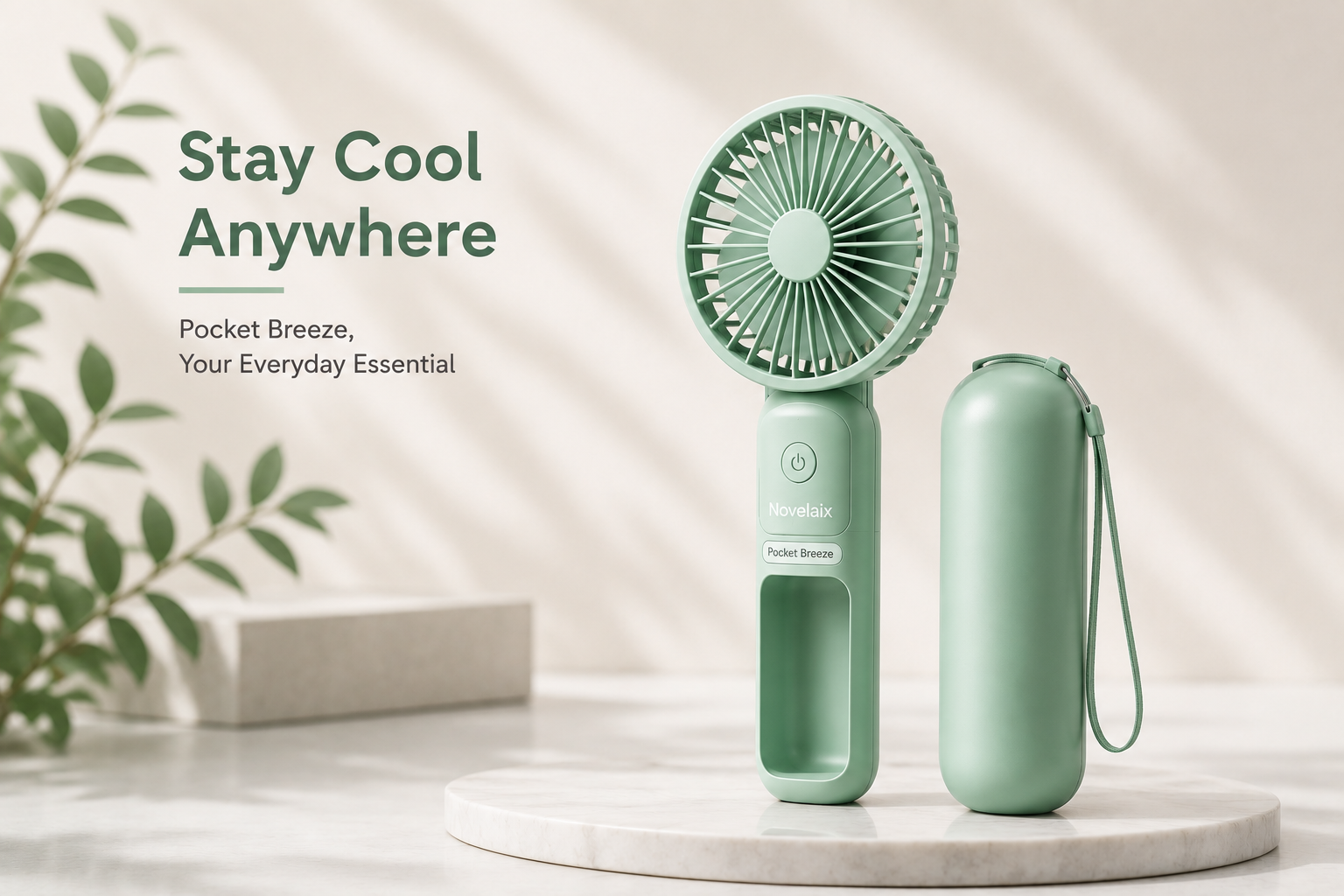 Novelaix Pocket Breeze portable handheld fan in green with matching protective carrying case. Lightweight USB rechargeable mini fan designed for travel, work, outdoor activities, shopping, and everyday summer cooling.