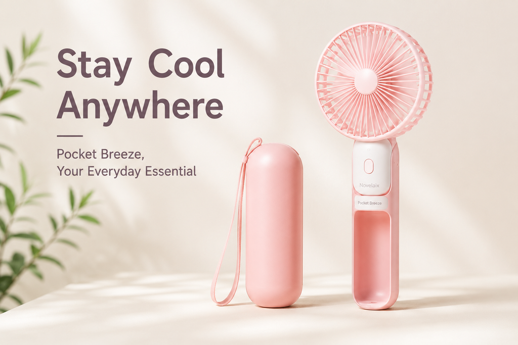 Novelaix Pocket Breeze portable handheld fan in pink with matching protective case. Lightweight USB rechargeable mini fan designed for travel, outdoor activities, shopping, and everyday summer cooling.