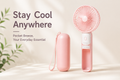 Novelaix Pocket Breeze portable handheld fan in pink with matching protective case. Lightweight USB rechargeable mini fan designed for travel, outdoor activities, shopping, and everyday summer cooling.