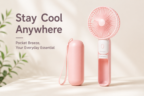 Novelaix Pocket Breeze portable handheld fan in pink with matching protective case. Lightweight USB rechargeable mini fan designed for travel, outdoor activities, shopping, and everyday summer cooling.