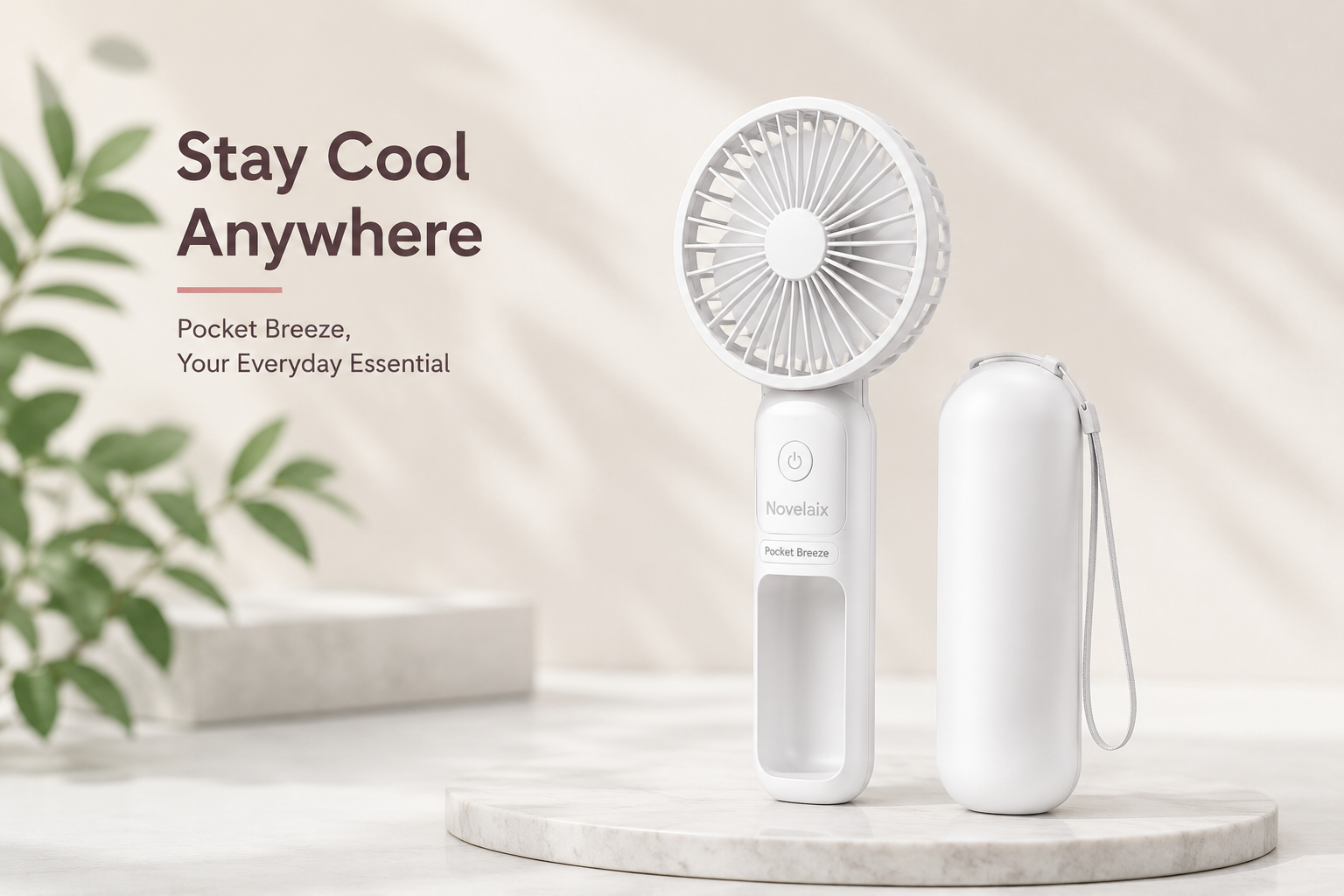 Novelaix Pocket Breeze portable handheld fan in white with matching protective carrying case. Lightweight USB rechargeable mini fan designed for travel, work, outdoor activities, shopping, and everyday summer cooling.