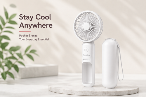 Novelaix Pocket Breeze portable handheld fan in white with matching protective carrying case. Lightweight USB rechargeable mini fan designed for travel, work, outdoor activities, shopping, and everyday summer cooling.
