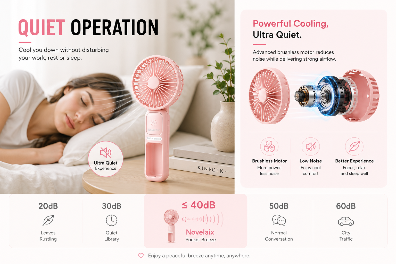 Novelaix Pocket Breeze portable handheld fan featuring a quiet brushless motor for powerful yet low-noise cooling. USB rechargeable mini fan designed for comfortable use while working, studying, relaxing, or sleeping without disturbing others.