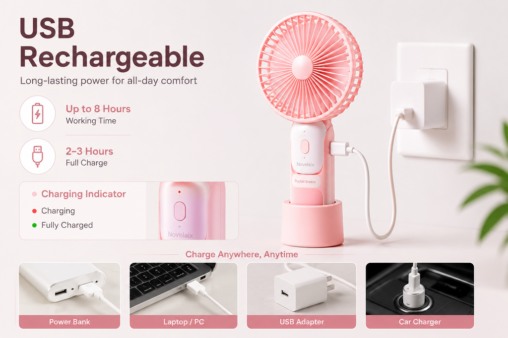 Novelaix Pocket Breeze USB rechargeable portable handheld fan charging with a USB cable. Long-lasting battery provides up to 8 hours of cooling and can be recharged using a power bank, laptop, USB adapter, or car charger.